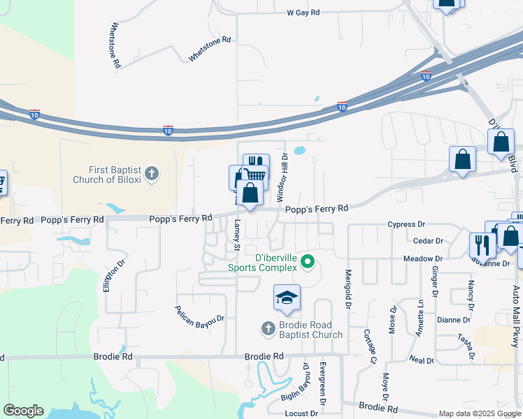 map of restaurants, bars, coffee shops, grocery stores, and more near 4494 Popp's Ferry Road in D'Iberville
