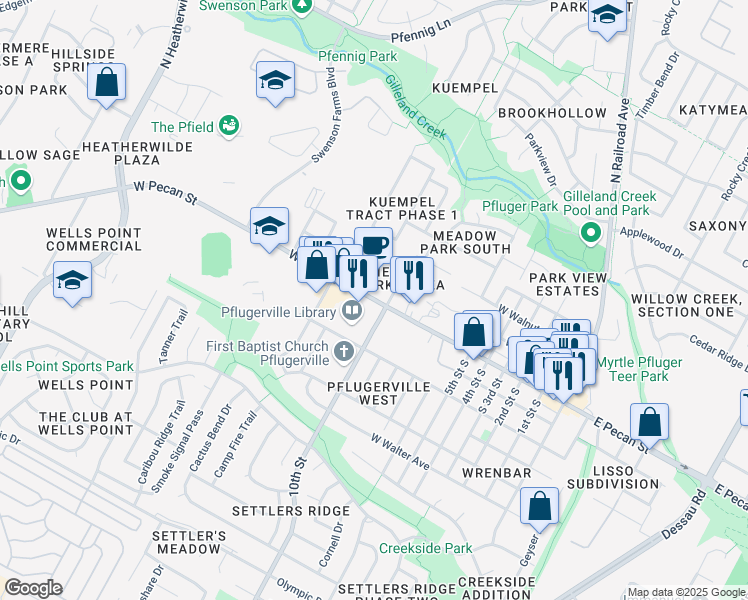 map of restaurants, bars, coffee shops, grocery stores, and more near 139 South Railroad Avenue in Pflugerville