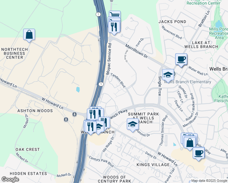 map of restaurants, bars, coffee shops, grocery stores, and more near 14318 Tandem Boulevard in Austin