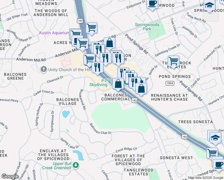 map of restaurants, bars, coffee shops, grocery stores, and more near 13296 Research Boulevard in Austin