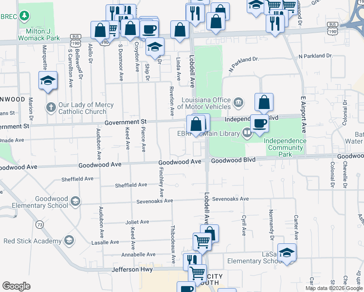map of restaurants, bars, coffee shops, grocery stores, and more near 7307 Goodwood Avenue in Baton Rouge