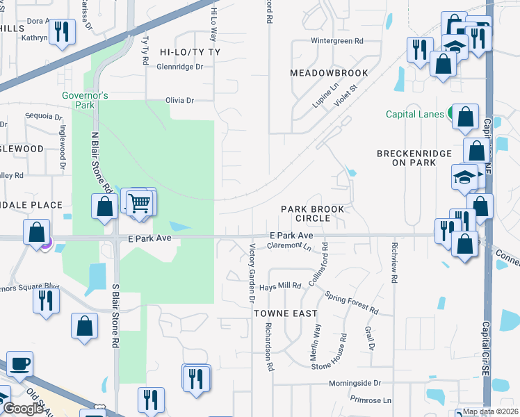 map of restaurants, bars, coffee shops, grocery stores, and more near 2134 Victory Garden Lane in Tallahassee