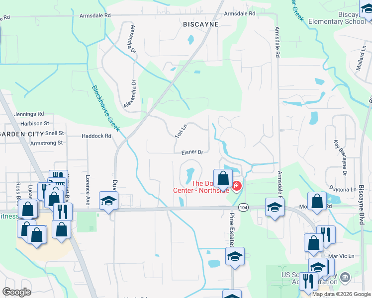 map of restaurants, bars, coffee shops, grocery stores, and more near 2419 Eisner Drive in Jacksonville