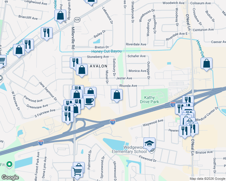 map of restaurants, bars, coffee shops, grocery stores, and more near 15003 Rhonda Avenue in Baton Rouge