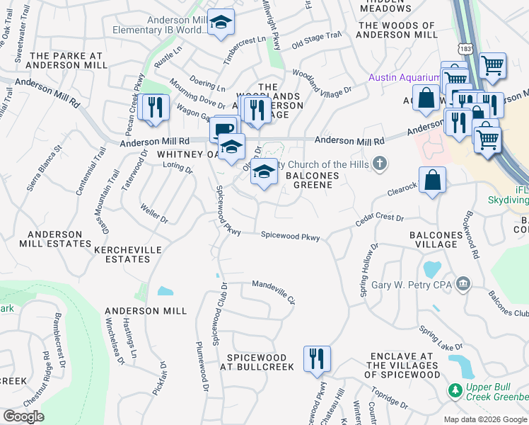 map of restaurants, bars, coffee shops, grocery stores, and more near 11600 Medallion Lane in Austin