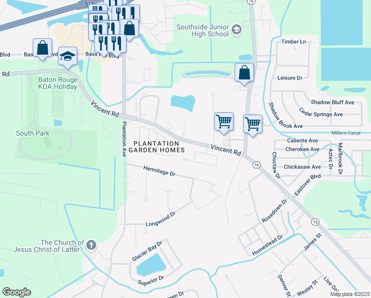 map of restaurants, bars, coffee shops, grocery stores, and more near 8308 Vincent Road in Denham Springs