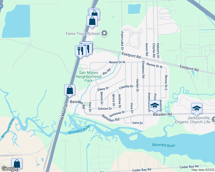 map of restaurants, bars, coffee shops, grocery stores, and more near 11428 Elane Drive in Jacksonville