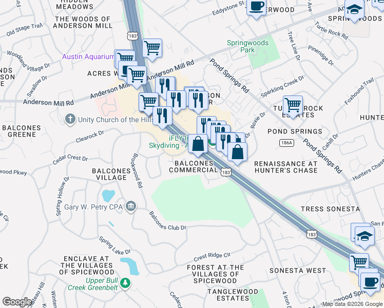 map of restaurants, bars, coffee shops, grocery stores, and more near 13296 Research Boulevard in Austin
