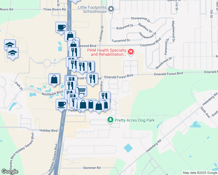 map of restaurants, bars, coffee shops, grocery stores, and more near 350 Emerald Forest Boulevard in Covington