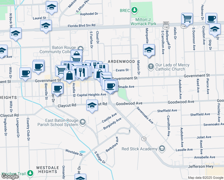 map of restaurants, bars, coffee shops, grocery stores, and more near 5945 Esplanade Avenue in Baton Rouge