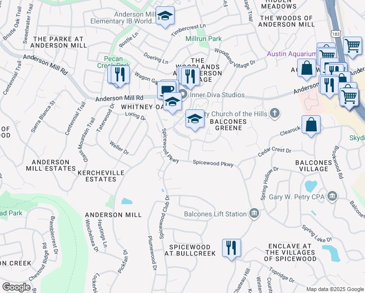 map of restaurants, bars, coffee shops, grocery stores, and more near 11512 Tin Cup Drive in Austin