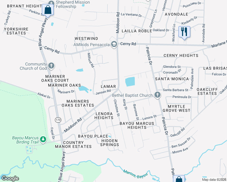 map of restaurants, bars, coffee shops, grocery stores, and more near 3191 Muldoon Road in Pensacola