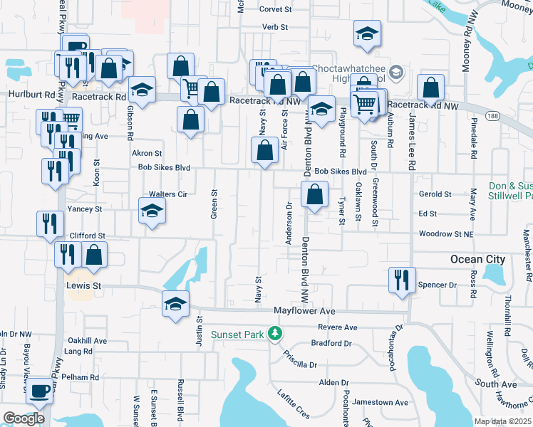 map of restaurants, bars, coffee shops, grocery stores, and more near 717 Navy Street in Fort Walton Beach