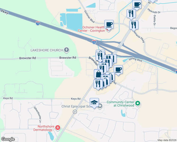 map of restaurants, bars, coffee shops, grocery stores, and more near 13 Belle Vu Loop in Covington