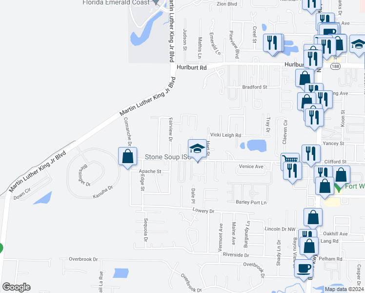 map of restaurants, bars, coffee shops, grocery stores, and more near 915 Canopy Lane in Fort Walton Beach