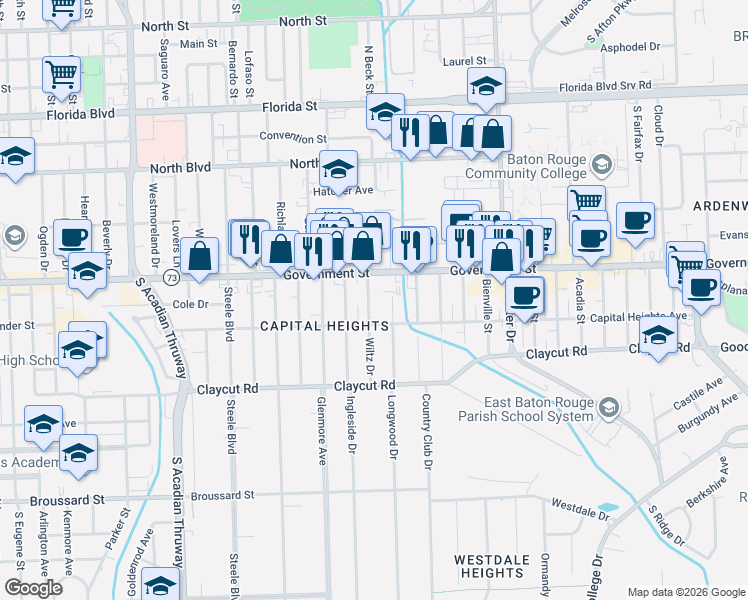 map of restaurants, bars, coffee shops, grocery stores, and more near 513 Wiltz Drive in Baton Rouge