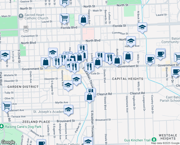 map of restaurants, bars, coffee shops, grocery stores, and more near 3550 Government Street in Baton Rouge