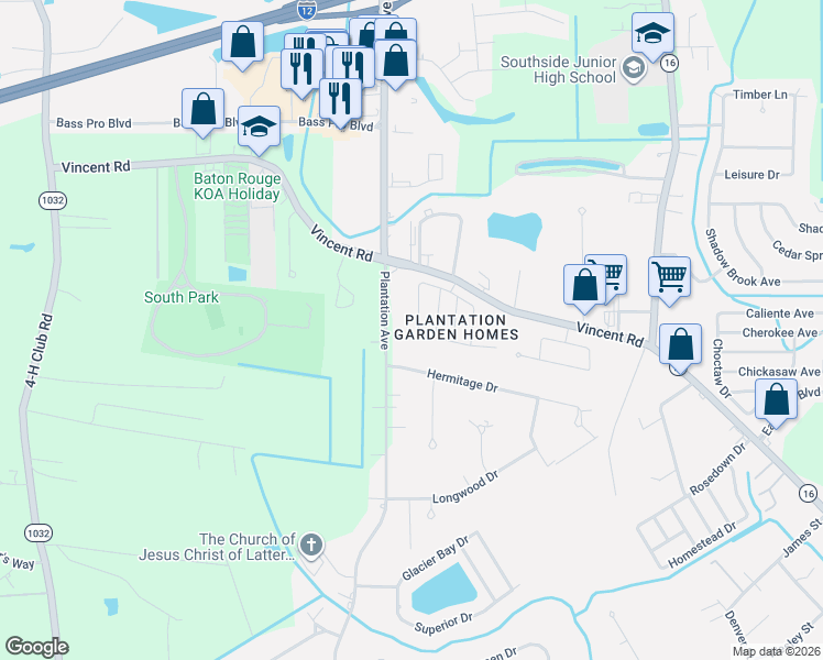 map of restaurants, bars, coffee shops, grocery stores, and more near 25899 Audubon Avenue in Denham Springs