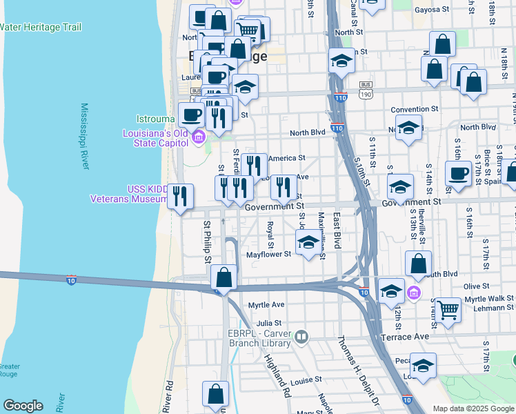 map of restaurants, bars, coffee shops, grocery stores, and more near 501 Government Street in Baton Rouge