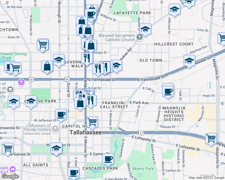 map of restaurants, bars, coffee shops, grocery stores, and more near 420 East Call Street in Tallahassee