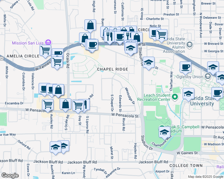 map of restaurants, bars, coffee shops, grocery stores, and more near 229 Chapel Drive in Tallahassee
