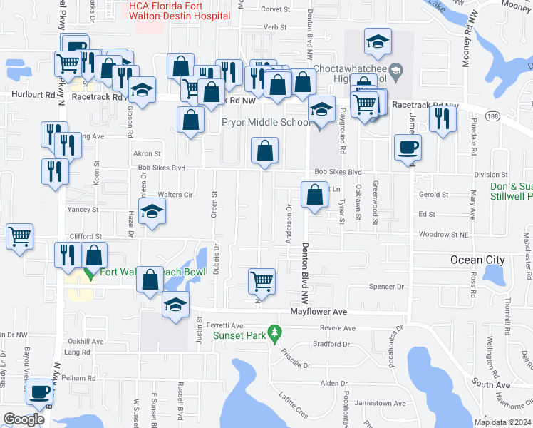 map of restaurants, bars, coffee shops, grocery stores, and more near 785 Navy Street in Fort Walton Beach