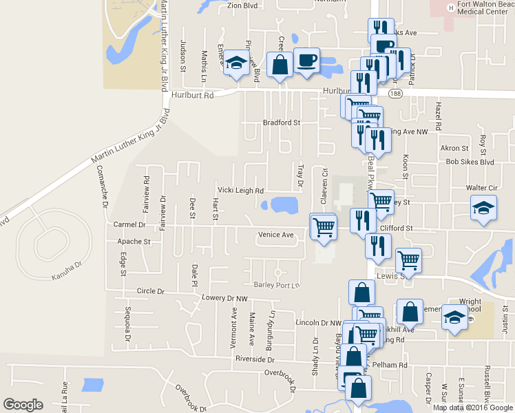 map of restaurants, bars, coffee shops, grocery stores, and more near 154 Vicki Leigh Road in Fort Walton Beach
