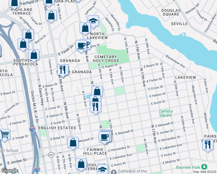 map of restaurants, bars, coffee shops, grocery stores, and more near 1300 East Leonard Street in Pensacola