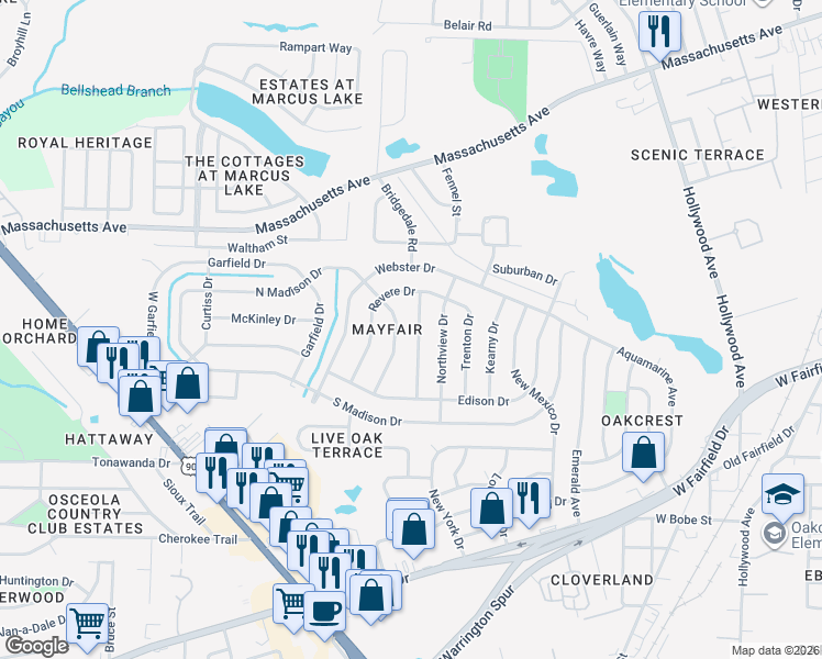 map of restaurants, bars, coffee shops, grocery stores, and more near 1026 Potomac Drive in Pensacola