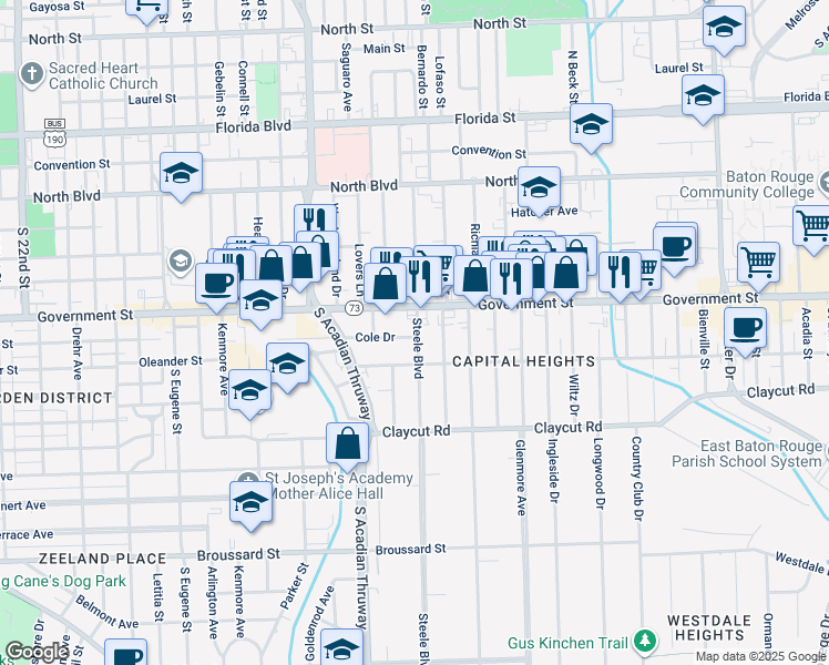 map of restaurants, bars, coffee shops, grocery stores, and more near 3808 Government Street in Baton Rouge