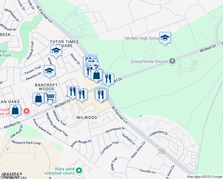 map of restaurants, bars, coffee shops, grocery stores, and more near 6010 West Parmer Lane in Austin