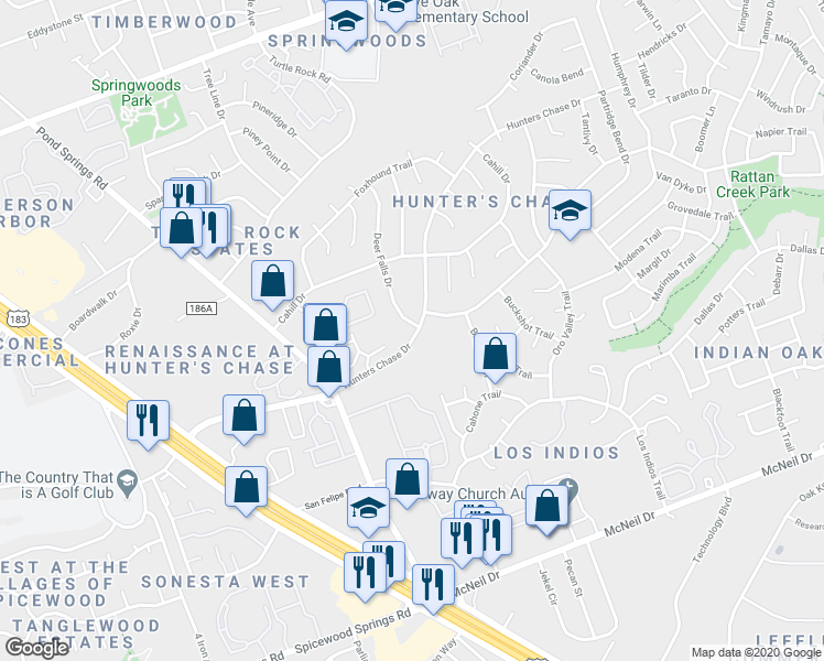 map of restaurants, bars, coffee shops, grocery stores, and more near 12301 Deer Falls Drive in Austin