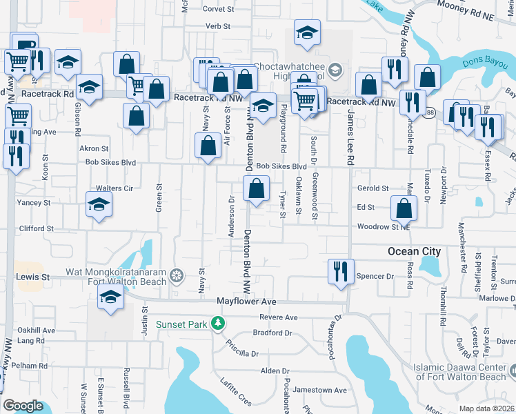 map of restaurants, bars, coffee shops, grocery stores, and more near 683 Denton Boulevard Northwest in Fort Walton Beach