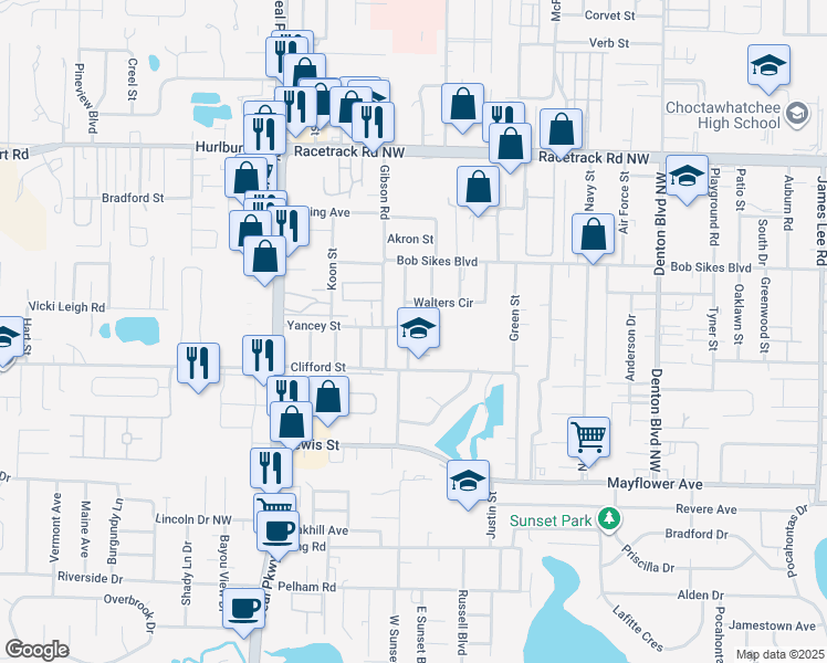 map of restaurants, bars, coffee shops, grocery stores, and more near 400 Yancey Street in Fort Walton Beach
