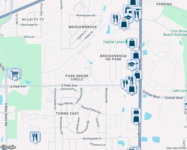 map of restaurants, bars, coffee shops, grocery stores, and more near 2626 East Park Avenue in Tallahassee
