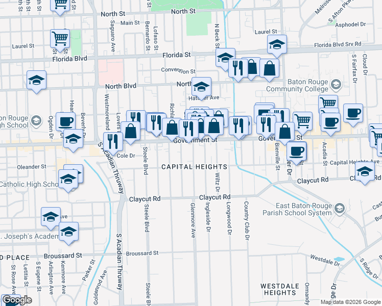 map of restaurants, bars, coffee shops, grocery stores, and more near 4242 Government Street in Baton Rouge