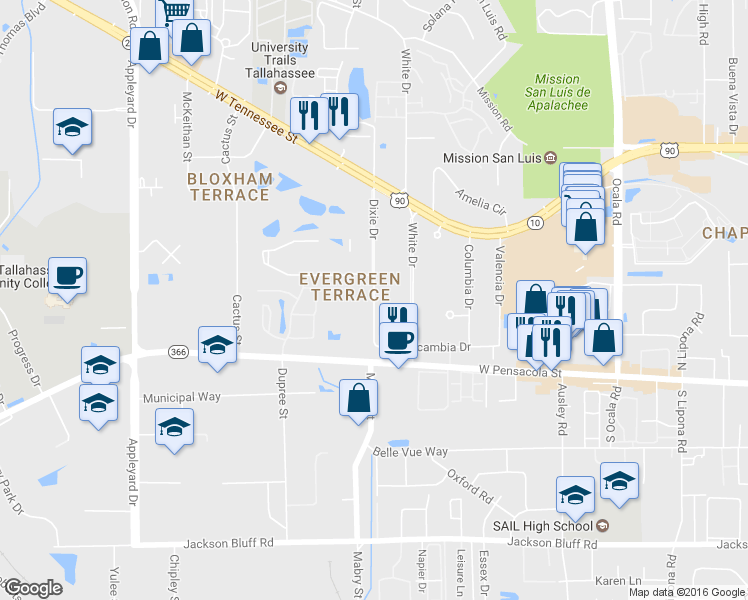 map of restaurants, bars, coffee shops, grocery stores, and more near 201 Dixie Drive in Tallahassee