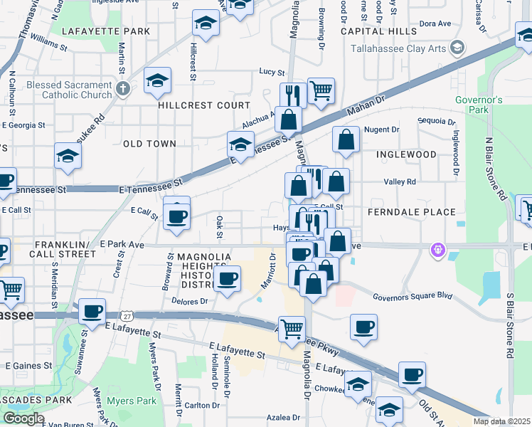 map of restaurants, bars, coffee shops, grocery stores, and more near 302 Vantage Point Lane in Tallahassee