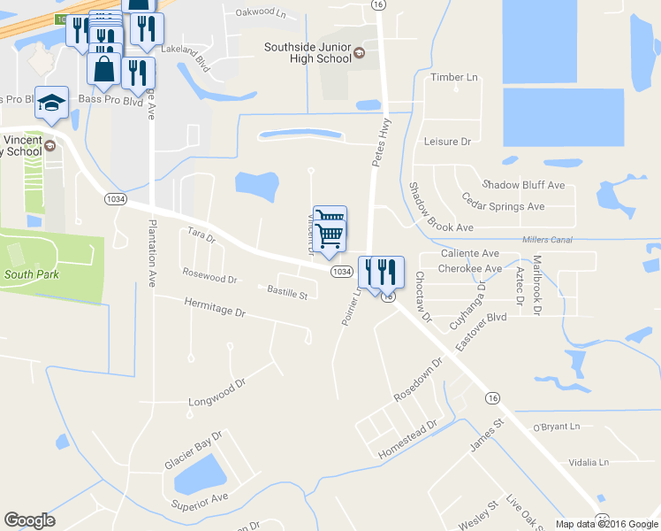 map of restaurants, bars, coffee shops, grocery stores, and more near 8439 Vincent Road in Denham Springs