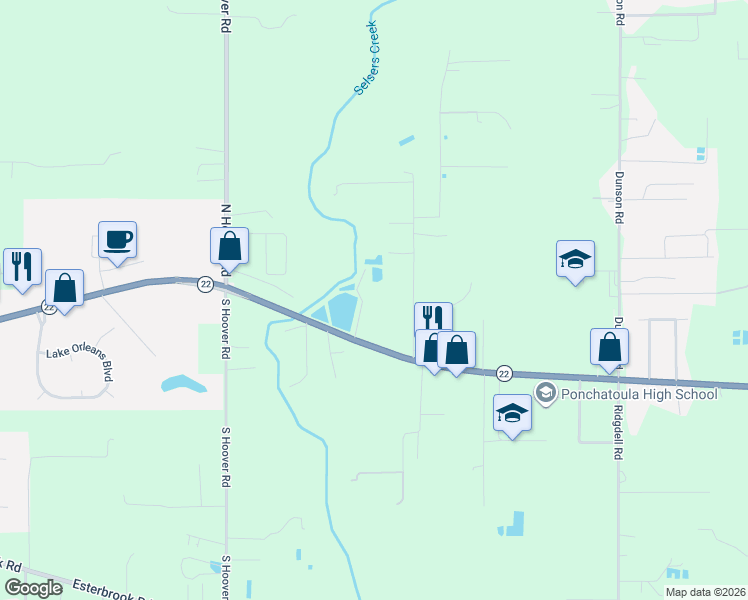 map of restaurants, bars, coffee shops, grocery stores, and more near 19183 Louisiana 22 in Ponchatoula