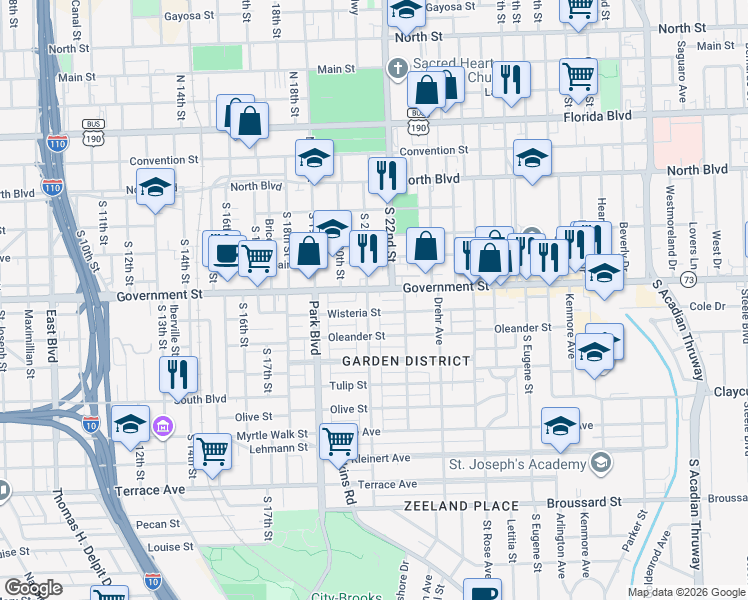 map of restaurants, bars, coffee shops, grocery stores, and more near 2031 Government Street in Baton Rouge