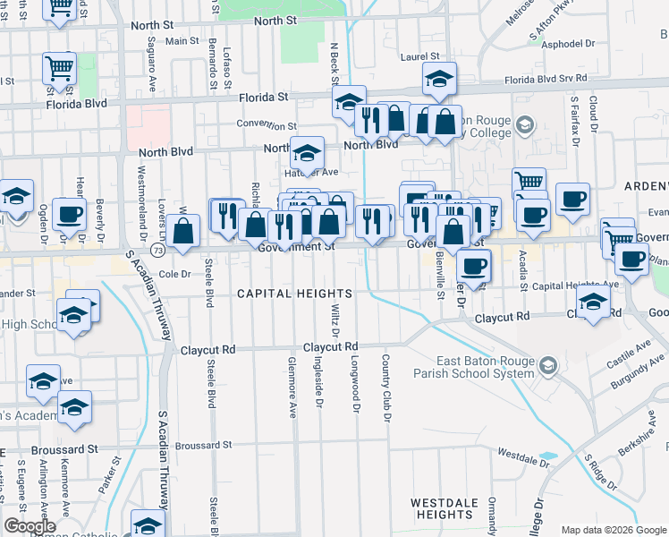 map of restaurants, bars, coffee shops, grocery stores, and more near 513 Wiltz Drive in Baton Rouge