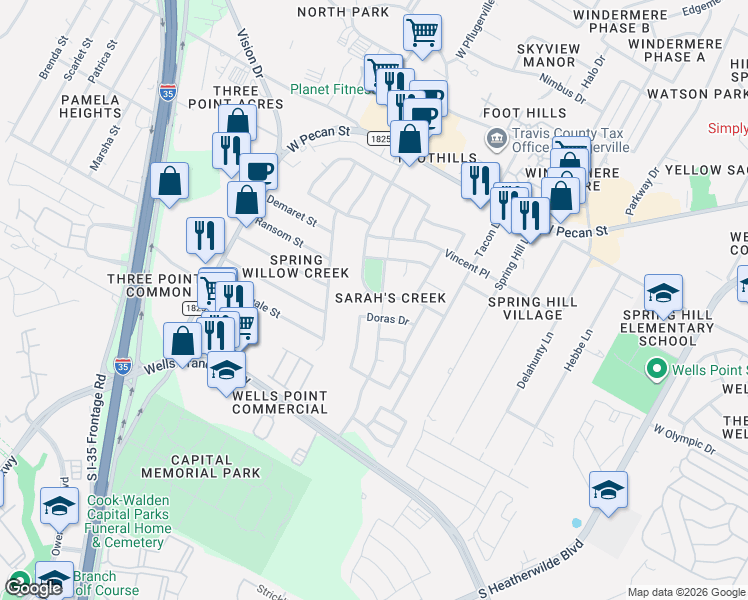 map of restaurants, bars, coffee shops, grocery stores, and more near 1219 Coaches Crossing Path in Pflugerville