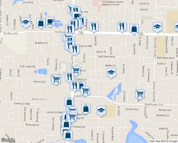 map of restaurants, bars, coffee shops, grocery stores, and more near 203 Yancey Street in Fort Walton Beach