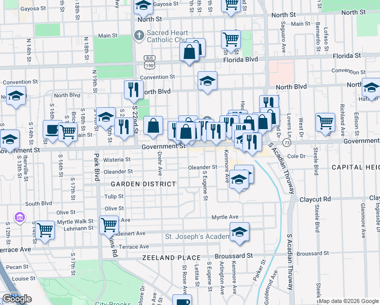 map of restaurants, bars, coffee shops, grocery stores, and more near 2636 Government Street in Baton Rouge