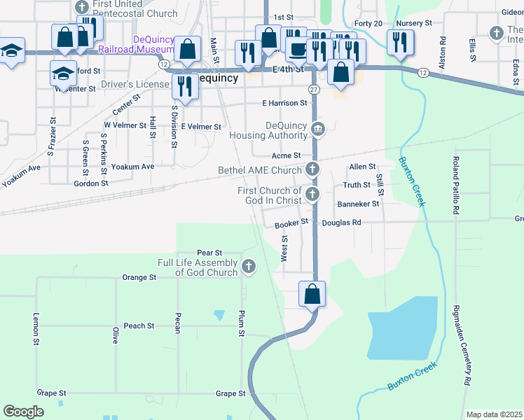 map of restaurants, bars, coffee shops, grocery stores, and more near 299 Martin Luther King St in DeQuincy