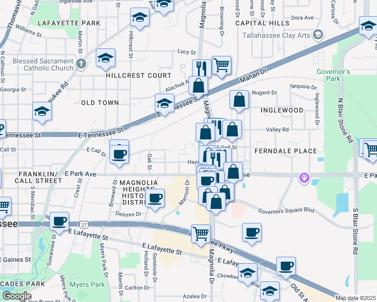 map of restaurants, bars, coffee shops, grocery stores, and more near 311 Vantage Point Lane in Tallahassee