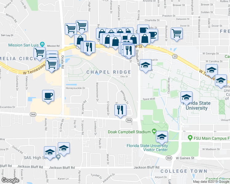 map of restaurants, bars, coffee shops, grocery stores, and more near 229 Chapel Drive in Tallahassee
