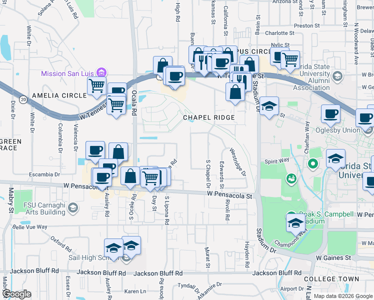 map of restaurants, bars, coffee shops, grocery stores, and more near 227 Westminster Drive in Tallahassee
