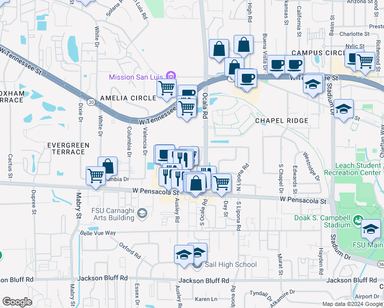map of restaurants, bars, coffee shops, grocery stores, and more near 222 Ocala Road in Tallahassee